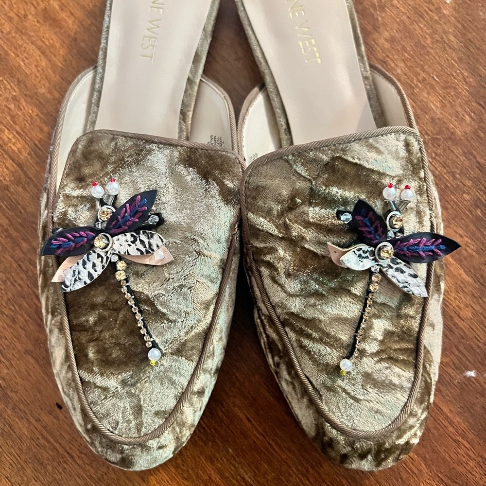 Nine West Embellished Velvet Loafers - Tan dragonfly